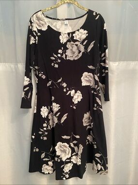 Old Navy Black Floral Long-Sleeve Fit & Flare Dress